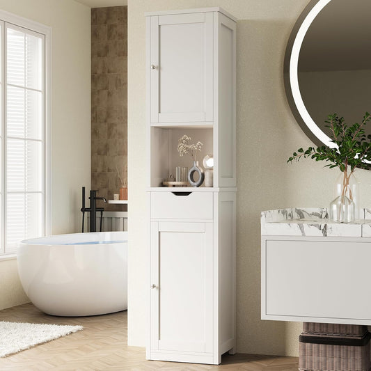 Tall Bathroom Storage Cabinet, Slim Corner Floor Cabinet with Doors and Drawer, Freestanding Narrow Bathroom Organizer with Adjustable Shelves for Small Space, White