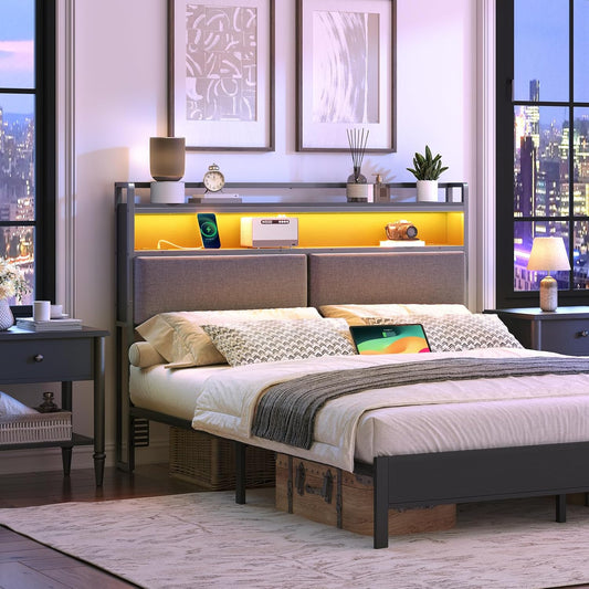 Queen Size Headboard, Upholstered Headboard with Charging Station and LED Light, 2 AC Outlets, 2 USB Ports and 2 Type-C Ports, 2-Tier Open Shelves, with Bed Frame Adapters, Black and Gray