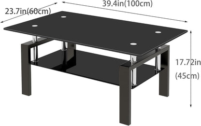 Glass Coffee Table Set of 3, Modern Black Living Room Tables, Coffee and End Tables, 3Pcs Coffee Table Set for Living Room (All Black Set of 3)