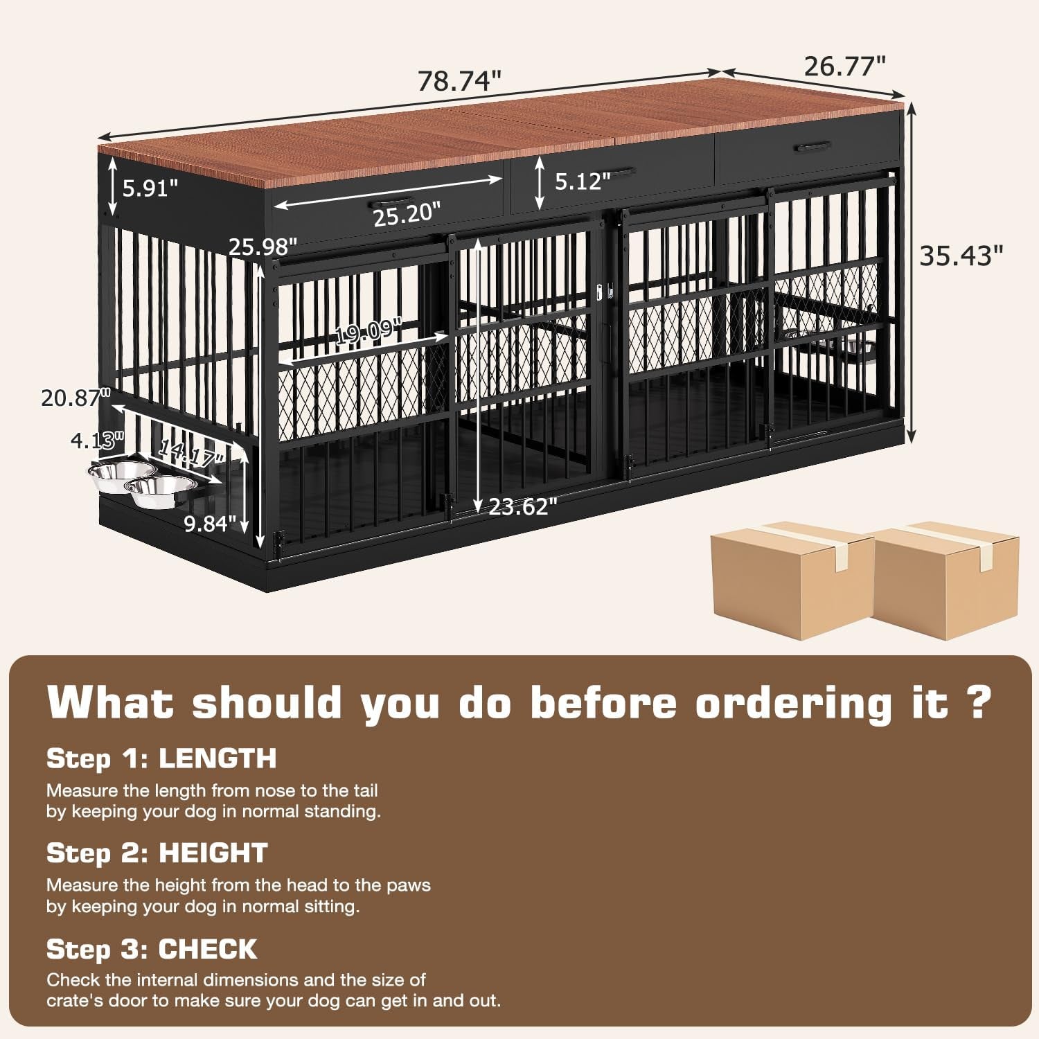 78.7" Extra Large Dog Crate Furniture, Double Dog Kennel with 3 Storage Drawers for 1 or 2 Dogs Heavy Duty Dog Cage as TV Stand with Removable Divider&360°Rotating Steel Bowls for Large Dogs