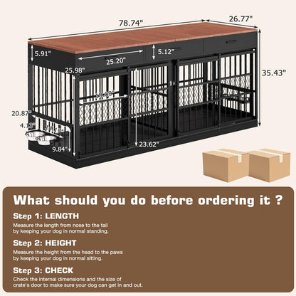 78.7" Extra Large Dog Crate Furniture, Double Dog Kennel with 3 Storage Drawers for 1 or 2 Dogs Heavy Duty Dog Cage as TV Stand with Removable Divider&360°Rotating Steel Bowls for Large Dogs