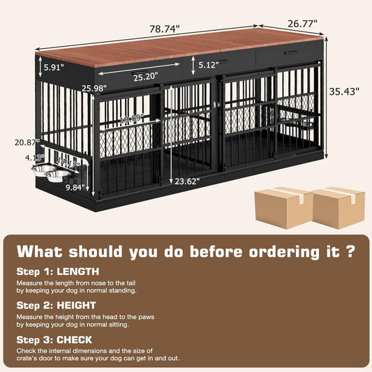 78.7" Extra Large Dog Crate Furniture, Double Dog Kennel with 3 Storage Drawers for 1 or 2 Dogs Heavy Duty Dog Cage as TV Stand with Removable Divider&360°Rotating Steel Bowls for Large Dogs