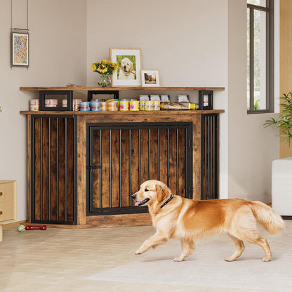 51" Corner Wooden Dog Crate Furniture with 2-Tier Shelves, Pet Kennel for Large Dogs, Space-Saving Dog Cage for TV Stand, Rustic Brown (26.7" L X 51.2" W X 33.5" H)
