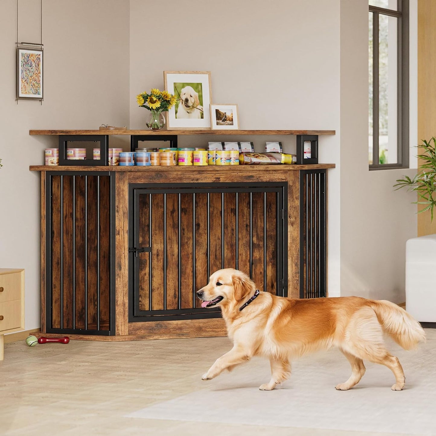 44" Corner Dog Crate with 2-Tier Shelves, Wooden Dog Kennel Furniture, Dog Kennel Indoor Furniture for Small and Medium Dogs, Rustic Brown (23.6" L X 43.3" W X 32.3" H)