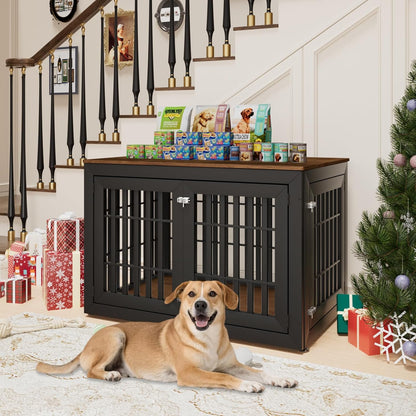 32" Heavy Duty Dog Crate Furniture for Small,Medium and Large Dogs,Rustic Wooden Dog Cage Kennel Indoor Furniture with Waterproof Top,Decorative Pet House Side End Table (Black & Wood)