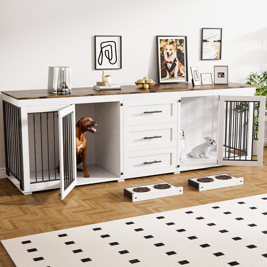 94.5" Dog Crate Furniture for 2 Dogs, Large Dog Kennel Furniture with 3 Storage Drawer, Wooden Dog Cage with 4 Bowls, Indoor Dog House TV Stand with Locks for Large Medium Dog, White Brown