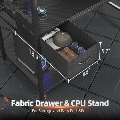 Gaming Desk 40 Inch with Power Outlet and LED Light, Computer Desk with Reversible Shelves and Storage Drawer, Small PC Desk for Home Office Table with Bag, Carbon Fiber Black