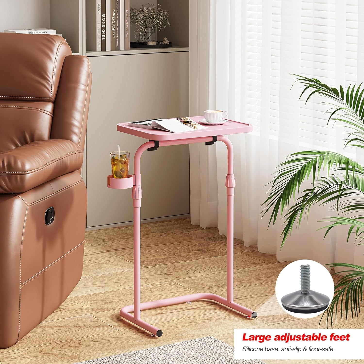 C Shaped End Table with Tiltable Surface, Adjustable Height Side Table, Slide under Couch Table TV Tray for Eating, Sofa Tray for Livingroom, Bedroom Pink TB01BP091