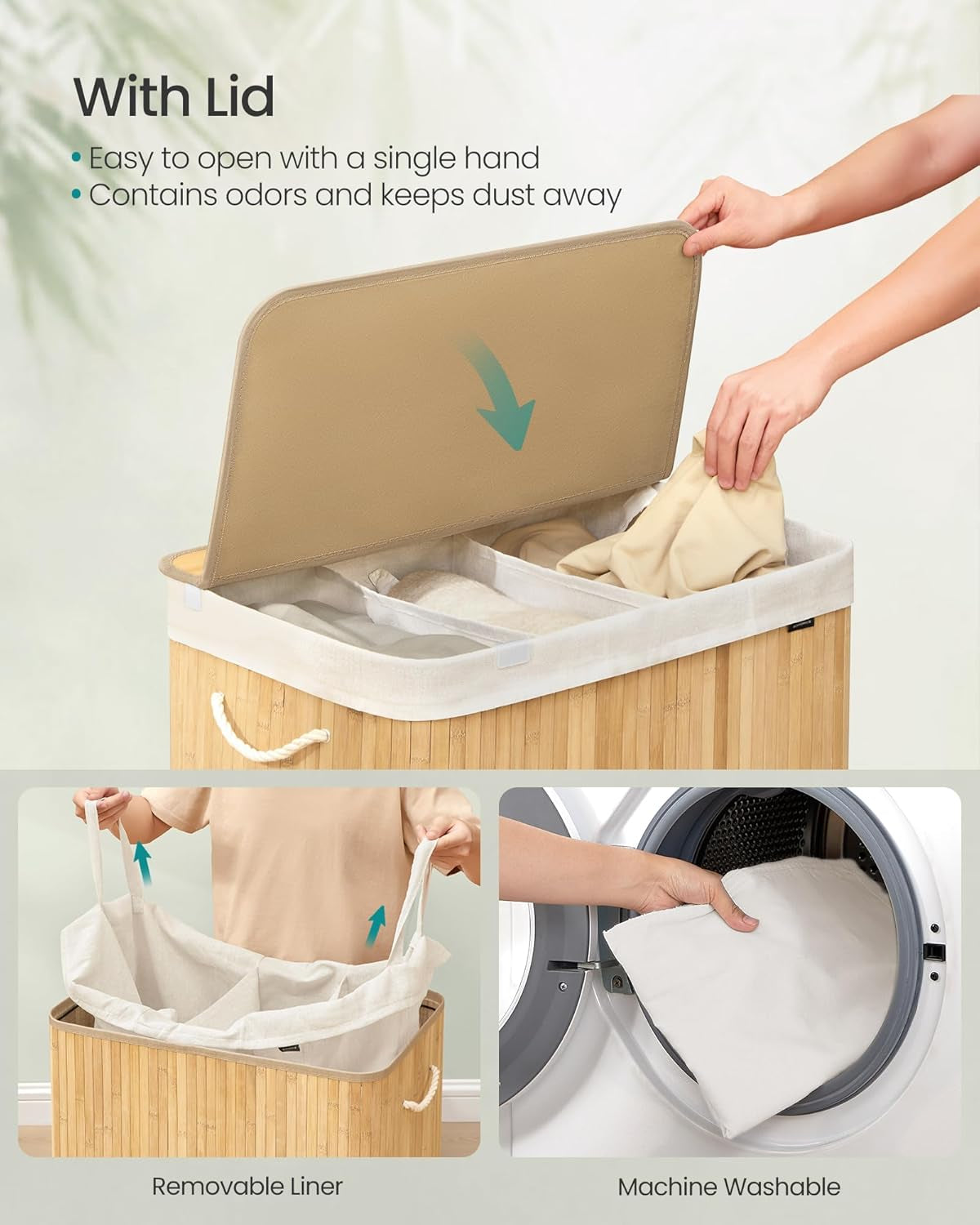 Laundry Hamper, 39.6 Gal. (150 L), 3-Section Laundry Basket, Laundry Hamper with Lid, Bamboo, Foldable, Removable and Machine Washable Liner, for Laundry Room, Bedroom, Natural ULCB091N01