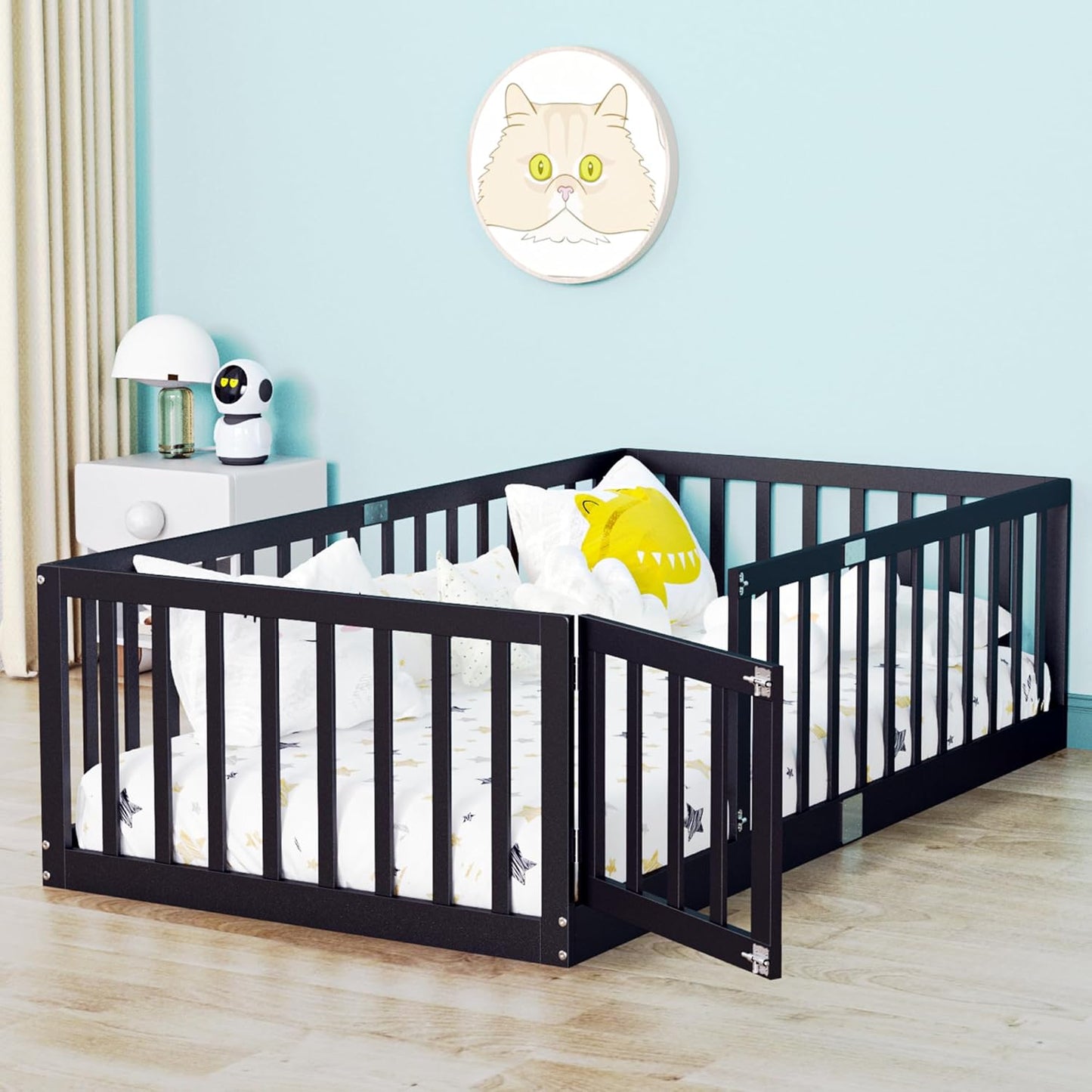 Twin Size Floor Bed for Kids Wooden Toddler Floor Bed Frame Safe Comfortable Baby Floor Bed for Children,Black,40.9"*77.5"(Mattress Not Included)