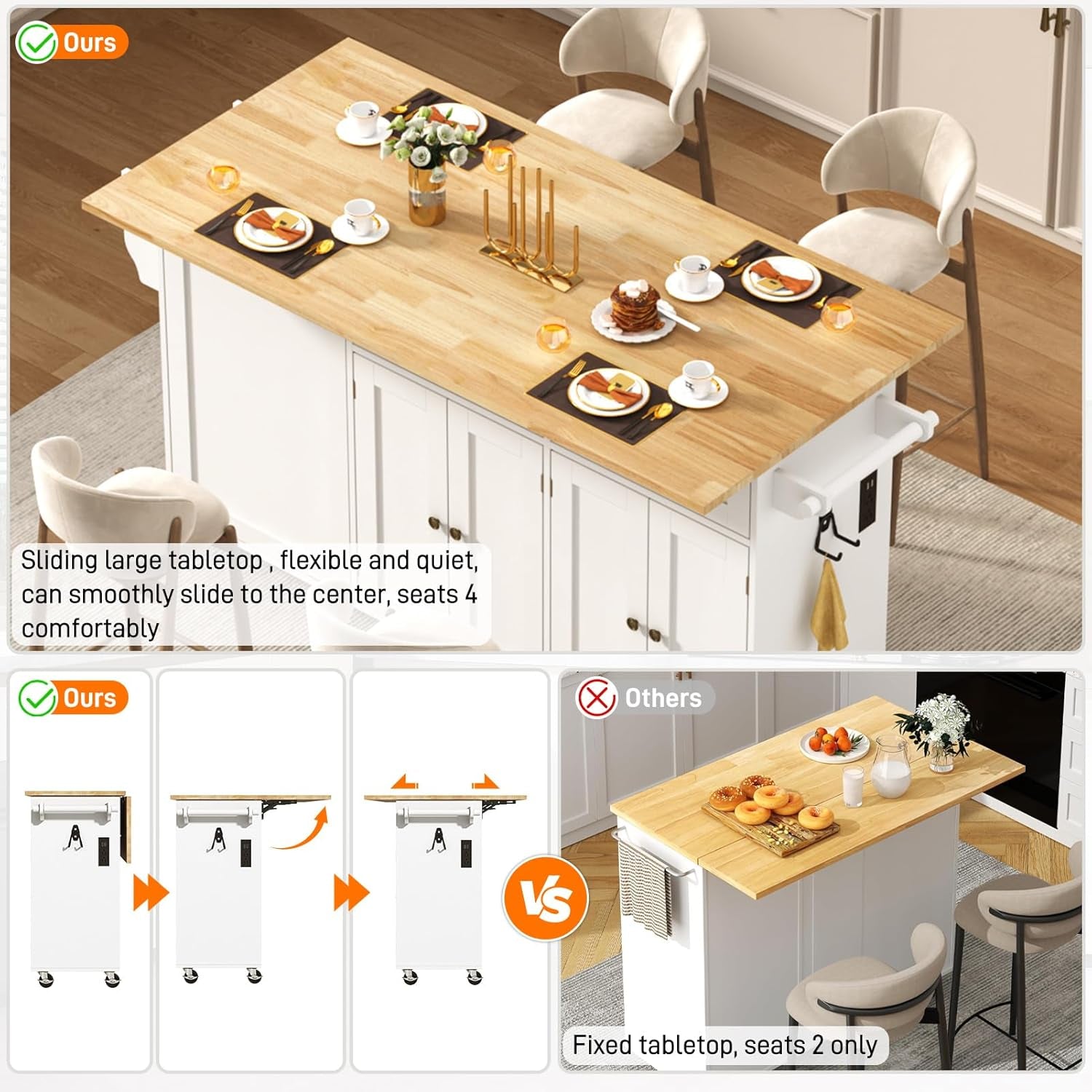 67" Large Movable Kitchen Island W/Sliding Drop Leaf,Power Outlet, Kitchen Rolling Island Cart W/ 2 Drawers, Island Table on Wheels W/ Trash Storage Cabinet,Spice Rack, Towel Bar,Garage Hook, White