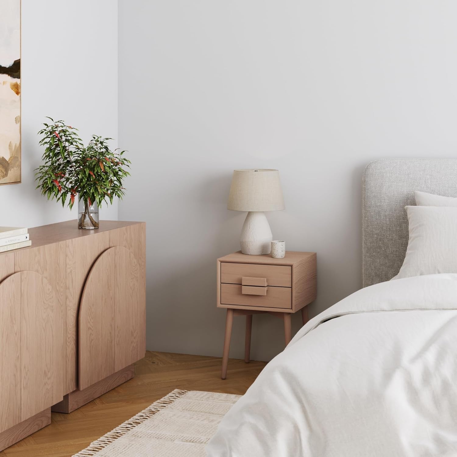 Harper 2-Drawer Mid Century Modern Nightstand, Solid Wood Nightstand in Raw Oak