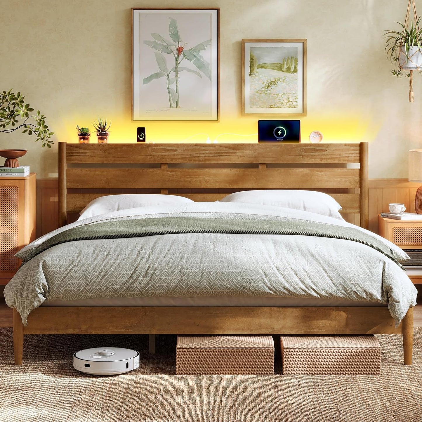 HOME King Bed Frame with Solid Wood Legs Slats, Platform Bed with Headboard, LED Lights, Charging Station, Mid-Century Modern Style, No Box Spring Needed, Coffee Brown URMB414K02