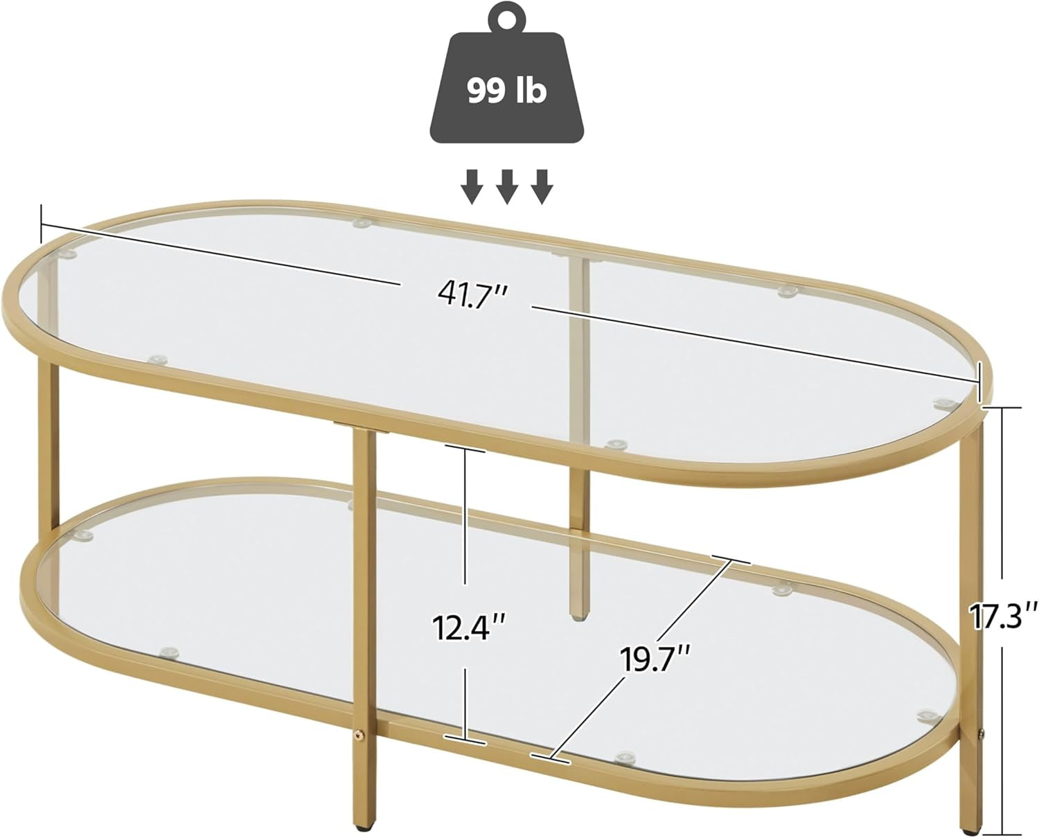 42" Oval Glass Coffee Table for Living Room, 2-Tier Center Table with Storage Shelf for Small Space, Office