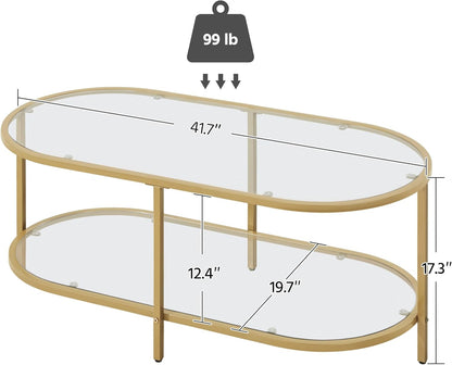 42" Oval Glass Coffee Table for Living Room, 2-Tier Center Table with Storage Shelf for Small Space, Office