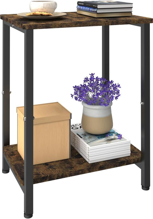 2 Tier Side Table, Heavy Duty End Table with Shelves, Narrow Nightstand Table for Small Spaces, Record Player Table for Bedroom, Living Room, Sofa Couch - Rustic Brown & Black