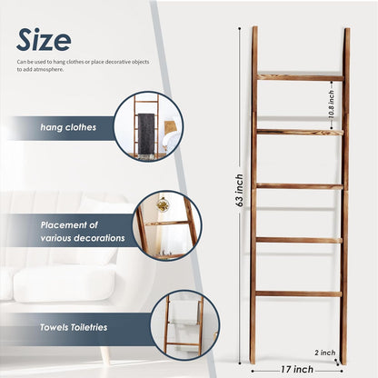 5-Tier Blanket Ladder Wooden, 5.3FT(63'') Blanket Quilt Holder Rack Decorative Ladders, Easy Assembly, Rustic Farmhouse Ladder Shelf for the Living Room Bedroom Bathroom Home Decor, Brown