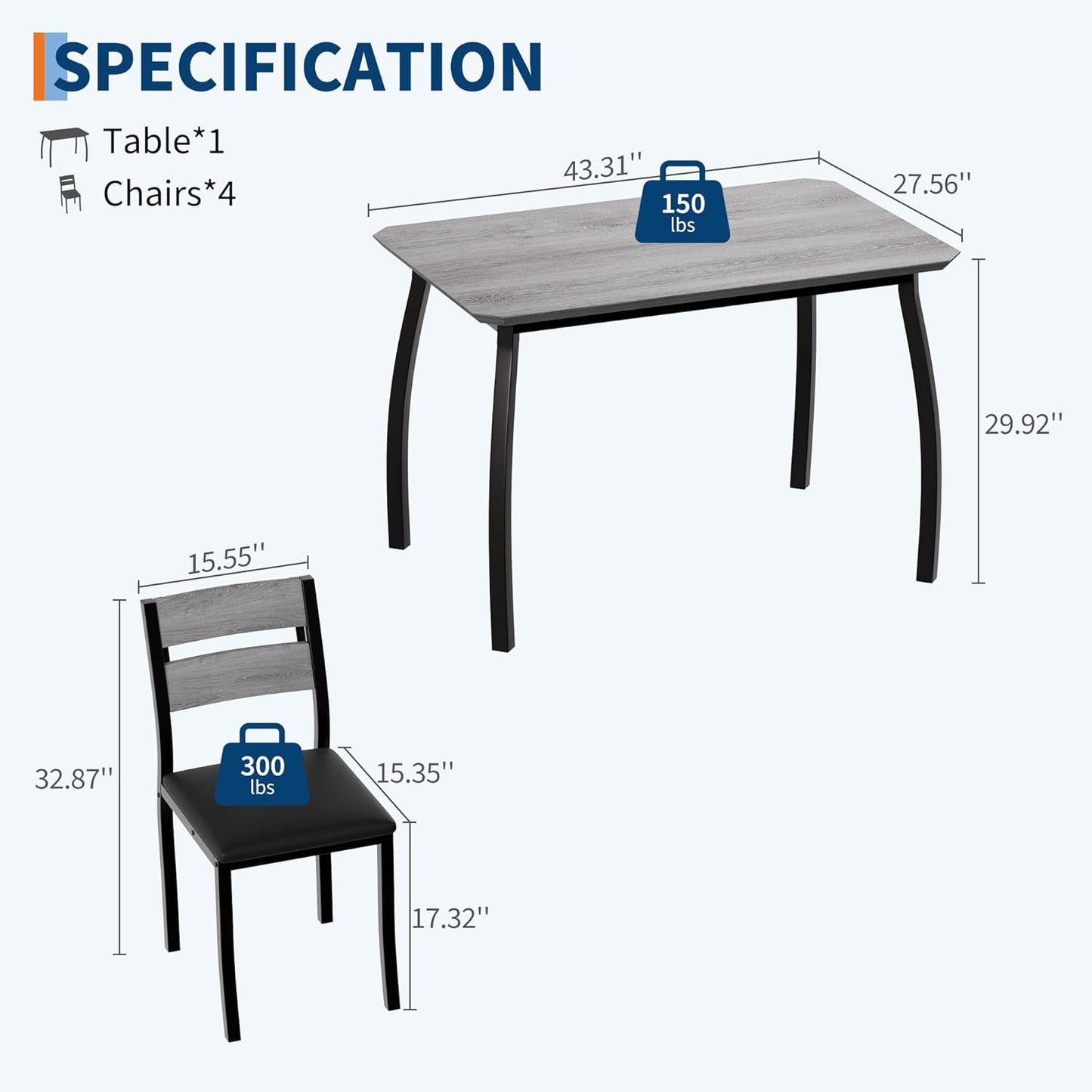 Dining Table Set for 4 Modern Kitchen Table and Chairs Set with Chamfered Edges Cushioned Seats Space-Saving Metal Frame Compact Breakfast Nook (Soft Seat Black Tube + Black)