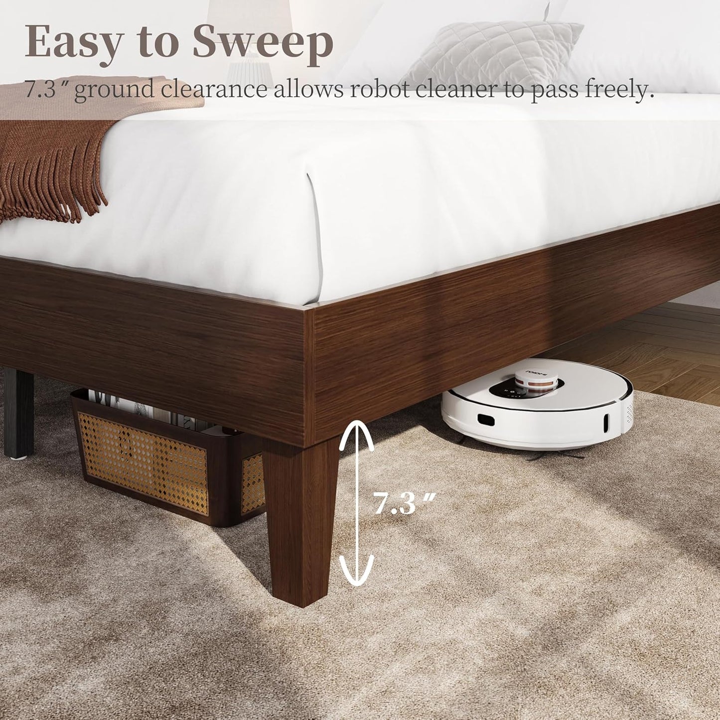 Queen Bed Frame Natural Solid Wood Platform Bed with Wooden Slats Support, 12-Inch Underbed Space for Storage, Noise-Free Design, Easy Assembly, Dark Walnut Finish
