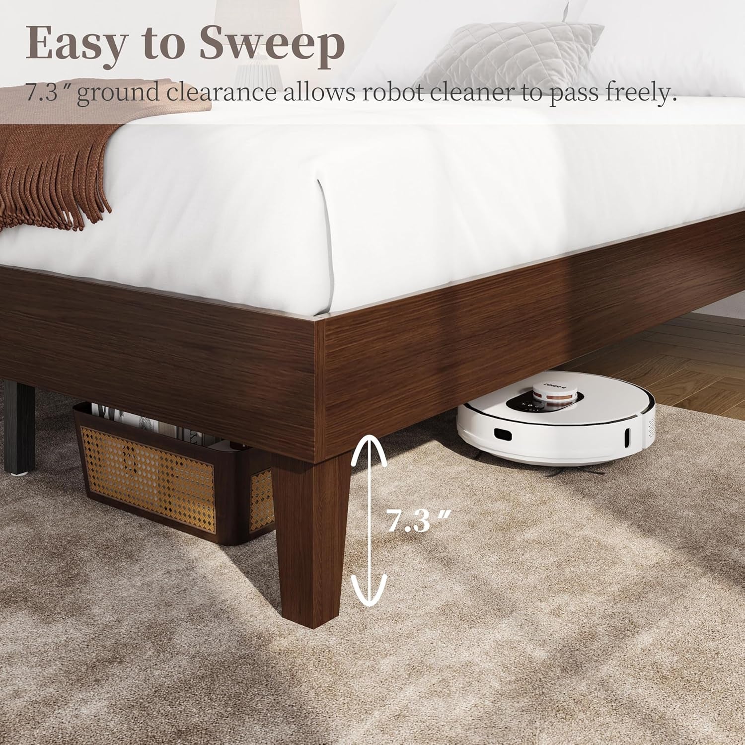 Queen Bed Frame Natural Solid Wood Platform Bed with Wooden Slats Support, 12-Inch Underbed Space for Storage, Noise-Free Design, Easy Assembly, Dark Walnut Finish