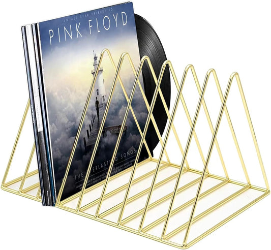9 Slot Record Holder,Desktop Vinyl Record Storage Holds up 30 Lps,Metal Magazine Holder Triangle File Holder for Office Homer,Golden