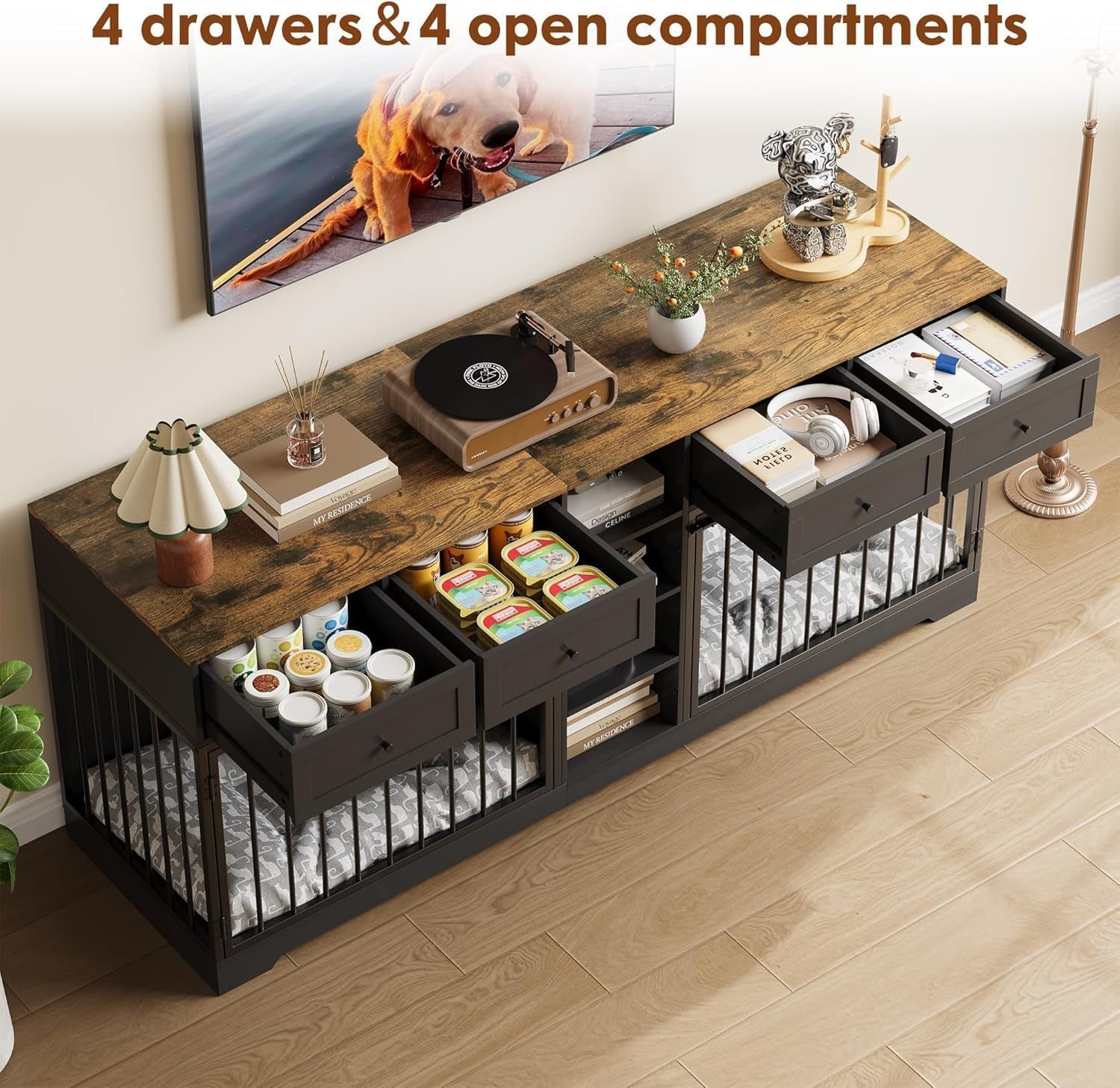 82" Large Dog Crate Furniture for 2 Dogs, Double Dog Crate with 4 Drawers and 4 Shelves, Wooden Dogs Kennel Furniture Large Breed, Indoor Pet Cage TV Stand with Divider, Black
