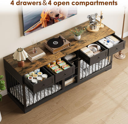 82" Large Dog Crate Furniture for 2 Dogs, Double Dog Crate with 4 Drawers and 4 Shelves, Wooden Dogs Kennel Furniture Large Breed, Indoor Pet Cage TV Stand with Divider, Black