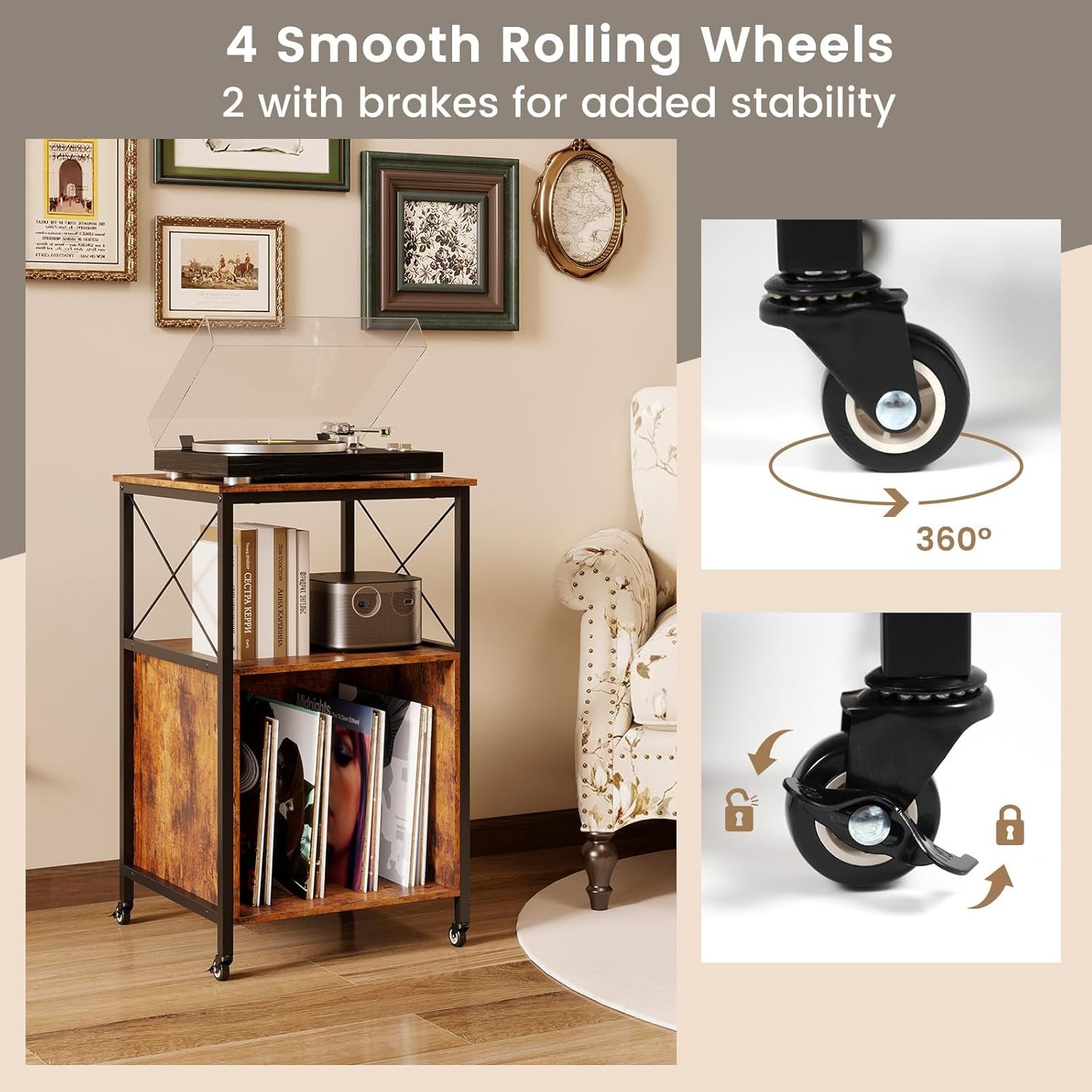 Record Player Stand with Charging Station, Rolling 3-Tier Turntable Stand with Open Shelf & Dividers, Record Player Table with Metal Frame, Vinyl Record Storage on Wheels for Living Room