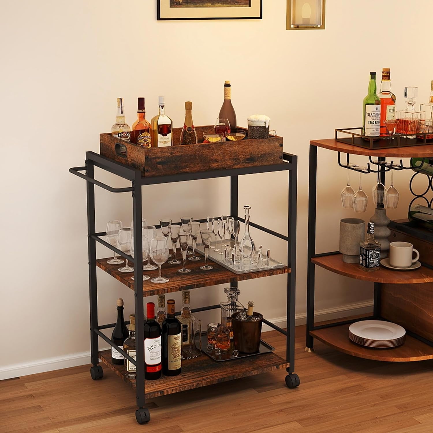 Kitchen Serving Cart with Wheels, Rolling Bar Cart for Home, Large 3 Tier with Detachable Server for Coffee, Tea, or Beverage Service, Rustic Farmhouse Design, Rustic Brown and Black