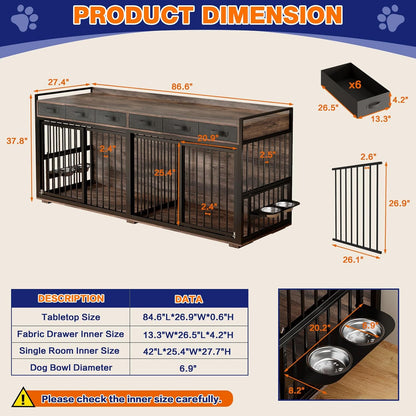 Large Dog Kennel Furniture for 2 Dogs,74.8'' XXL Wooden Double Dog Crates Cage Furniture Style with Divider for Large Breed with Storage Rack Shelf TV Stand Table Indoor,White