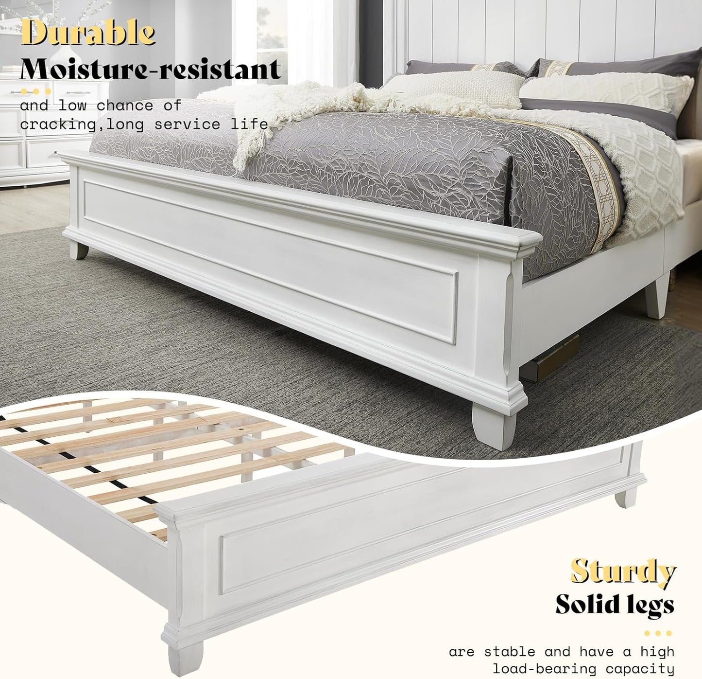Queen Size Solid Wood Bed Frame, Farmhouse Platform Bed with Headboard and Footboard, Rustic Bed Base with 12 Wood Slats Support, No Box Spring Needed, Distressed White