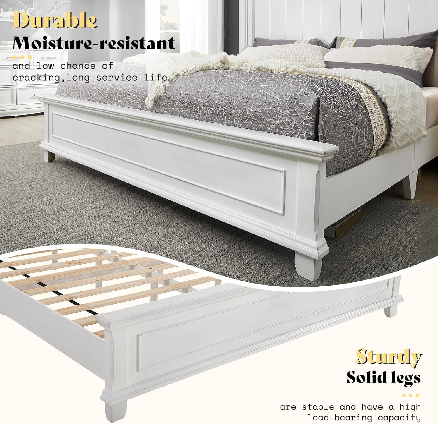 Queen Size Solid Wood Bed Frame, Farmhouse Platform Bed with Headboard and Footboard, Rustic Bed Base with 12 Wood Slats Support, No Box Spring Needed, Distressed White