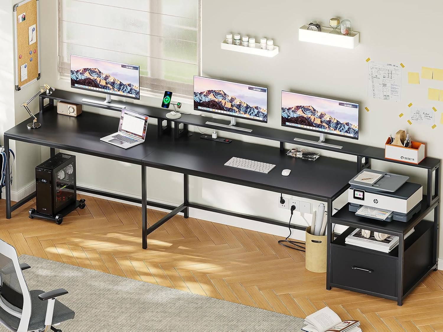 L Shaped Gaming Desk, 66" Home Office Desk with Wood File Drawer & Power Outlet, Corner Gaming Computer Desk with Led Lights, Monitor Shelf and Printer Storage Shelves, Two Person Desk, Black