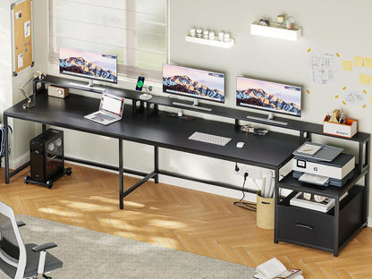 L Shaped Gaming Desk, 66" Home Office Desk with Wood File Drawer & Power Outlet, Corner Gaming Computer Desk with Led Lights, Monitor Shelf and Printer Storage Shelves, Two Person Desk, Black