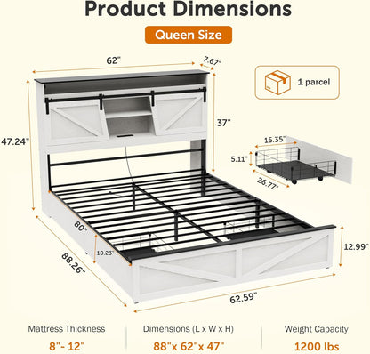 Queen Bed Frame with Barn Door Storage Headboard and 2 Drawers, USB Ports and LED Lights,Wood Platform Bed and All-Steel Support,No Noise,No Box Spring Needed,Antique White