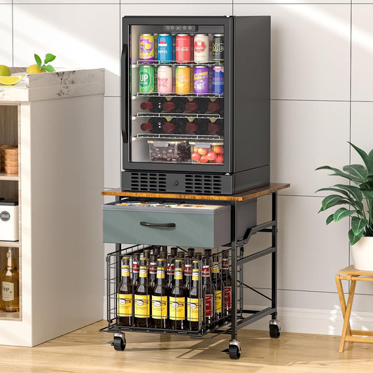 Mini Fridge Stand, Heavy-Duty End Table Fridge Table with Storage, Small Refrigerator Stand with Rolling Wheels for Dorm, Kitchen,Pantry