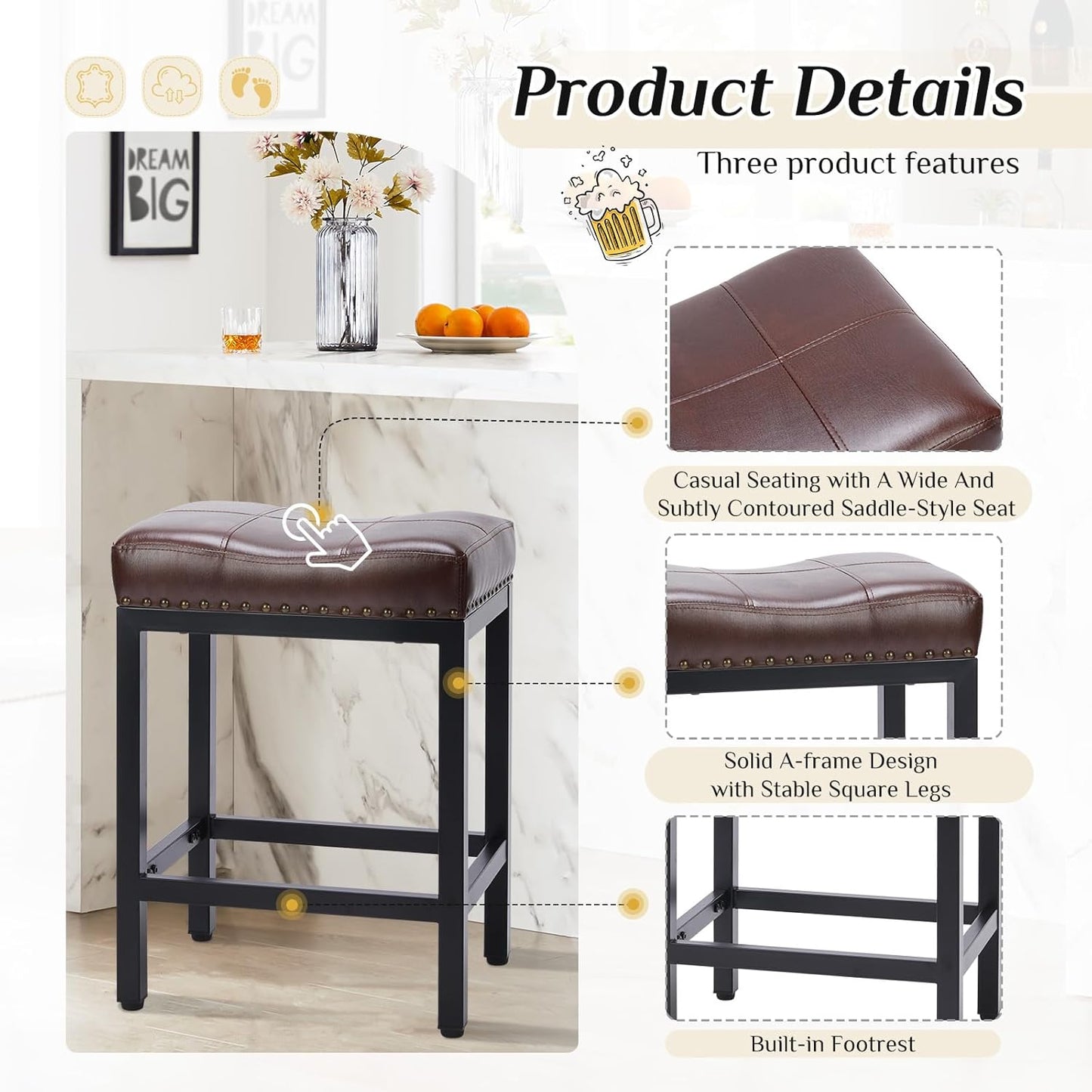 Bar Stools Set of 2, 24 Inch Counter Height Stools, PU Leather Upholstered Bar Chairs with Footrest, Modern Bar Stools for Kitchen Island, Dining, Living Room, Brown