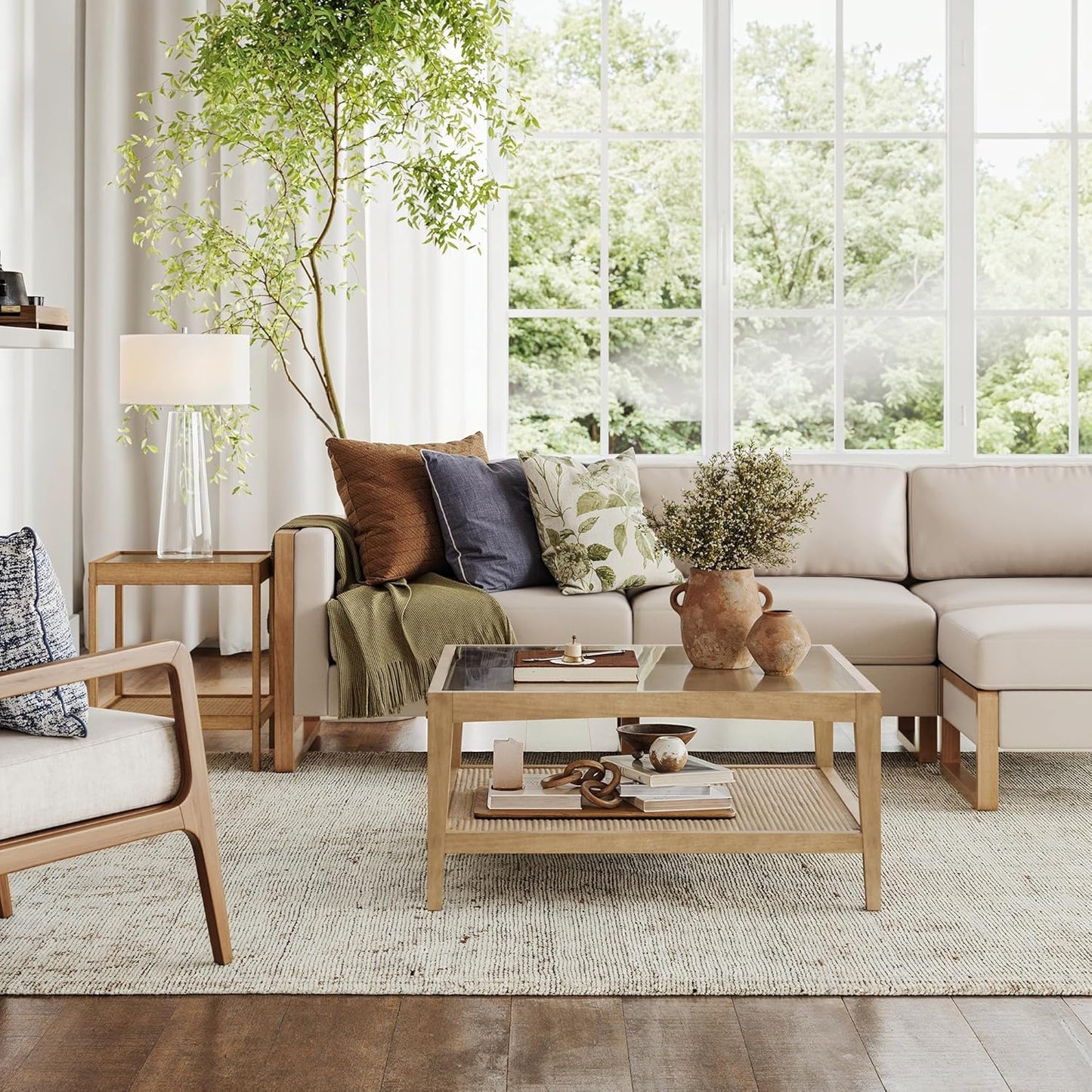 Hayes Glass Coffee Table and Side Table Set with Rattan Bottom Shelf, Bohemian 2-Piece Living Room Set