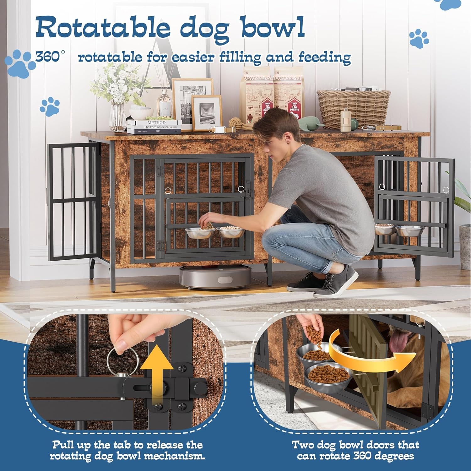 79" Dog Crate Furniture for 2 Dogs, Large Dog Kennel with 360° Rotating Feeder Bowls, Indoor Double Dogs Crates with 4 Doors, Wooden Crate TV Stand with Removable Divider