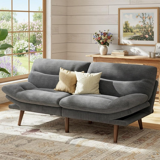66.1" Futon Sofa Bed, Corduroy Convertible Futon Couch with Adjustable Backrest & Armrests, Small Sleeper Sofa Loveseat for Small Apartments, Study Room, Office, Grey