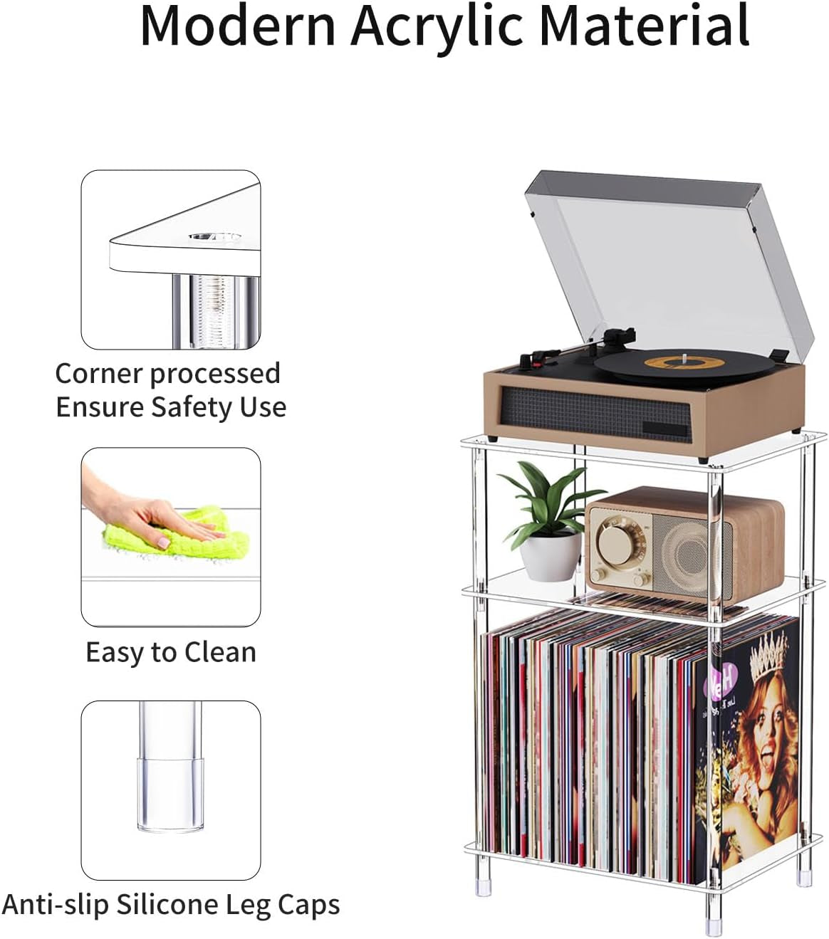 Clear Acrylic Record Player Stand with Vinyl Storage, 15.75" L X 11.81" W X 24.5" H, 3 Tier Small Side Turntable Table with Album Shelf, Modern Bedside End Table for Living Room, Bedroom