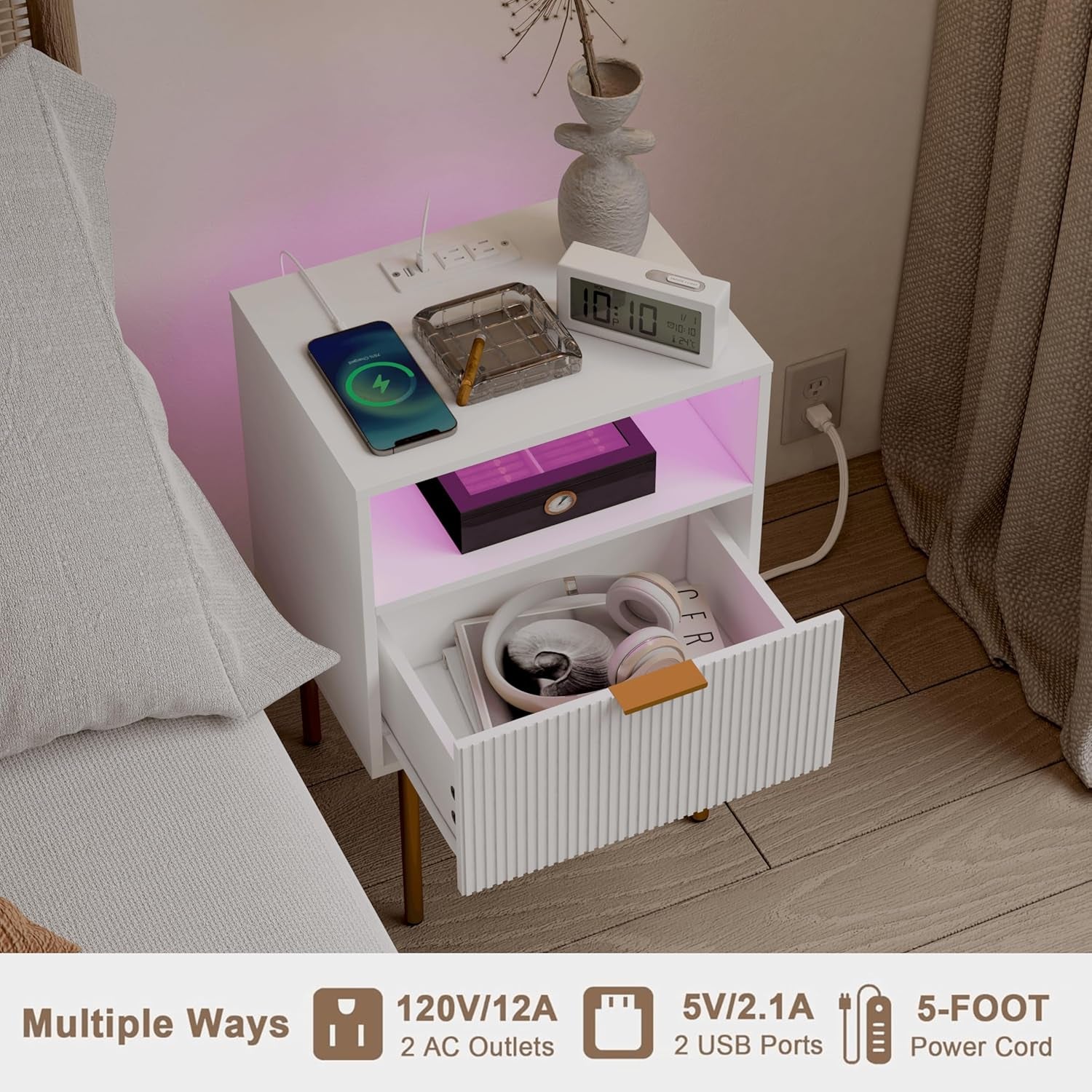 Modern Nightstand with Charging Station and LED Lights, White Bedside Table with Drawer, Fluted Side Table for Living Room, Bedroom