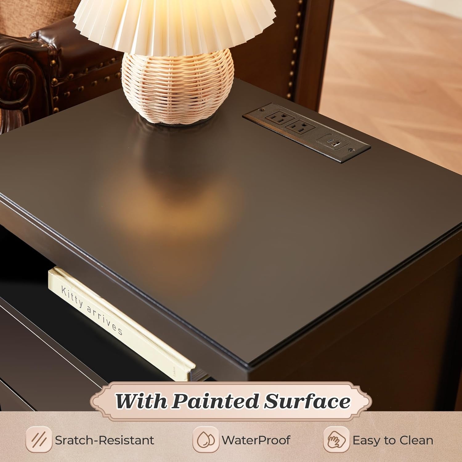 Black Nightstand Set of 2, Night Stand with Charger Station, Bedside Table with 2 Drawers, Bed Side Tables for Bedroom, Modern Nightstands, Metal Knobs, Painted Surface