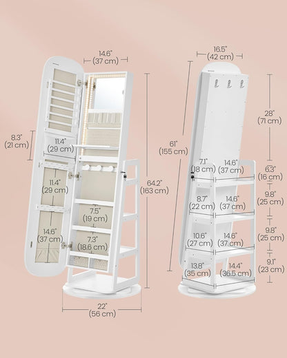 LED Jewelry Cabinet, 360° Swivel Jewelry Organizer, Lockable Mirror Jewelry Cabinet Standing, Rounded Wide Full-Length Mirror with Storage Shelves, Interior Mirror, Cloud White UJJC036W01