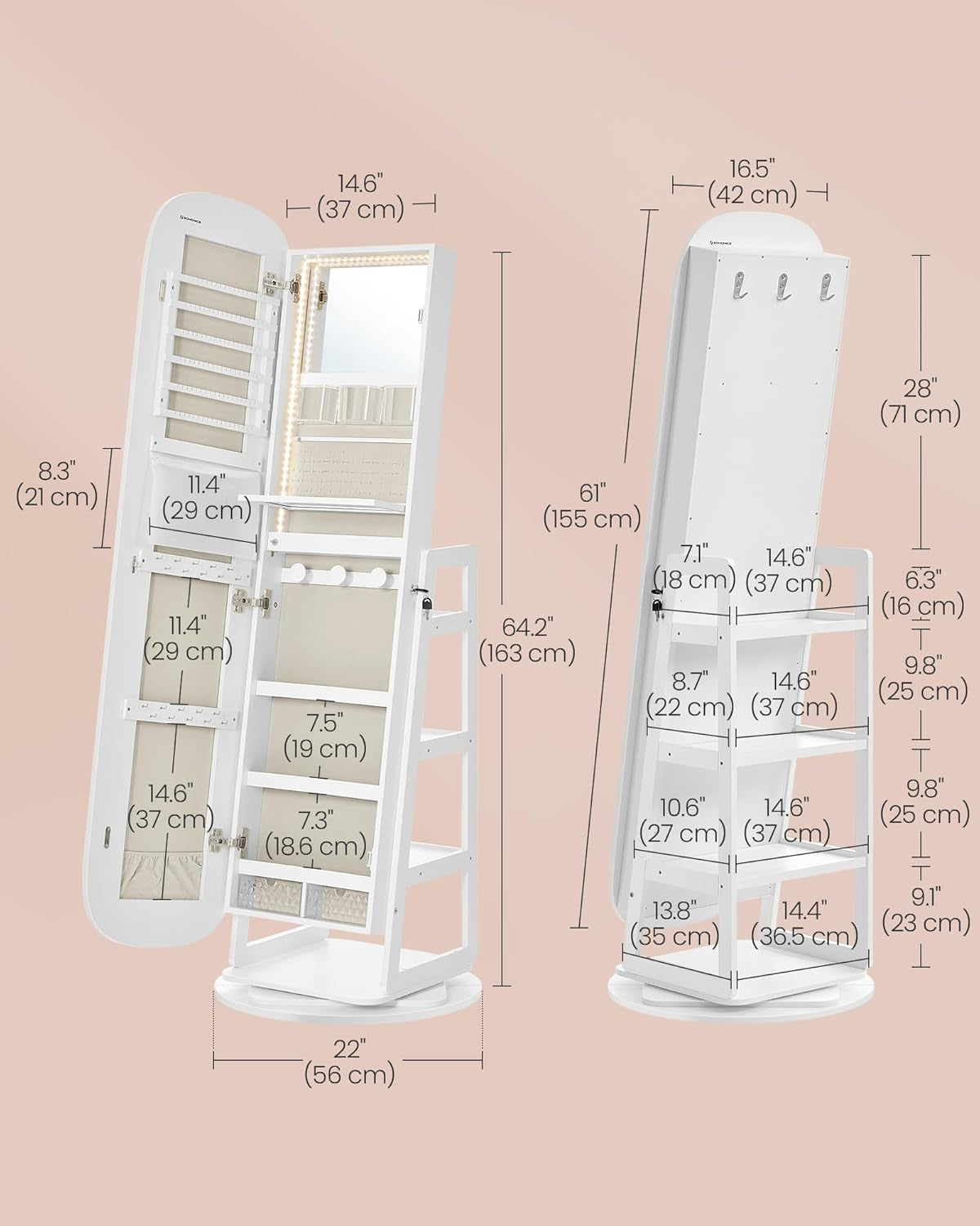 LED Jewelry Cabinet, 360° Swivel Jewelry Organizer, Lockable Mirror Jewelry Cabinet Standing, Rounded Wide Full-Length Mirror with Storage Shelves, Interior Mirror, Cloud White UJJC036W01