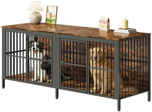 80" Dog Crate End Table, Heavy Duty 2-Door Indoor Pet Kennel, Multipurpose Dog House Furniture as TV Stand or Side Table for Living Room, Large & Medium Dogs.(Rustic Brown) (Rustic Brown)