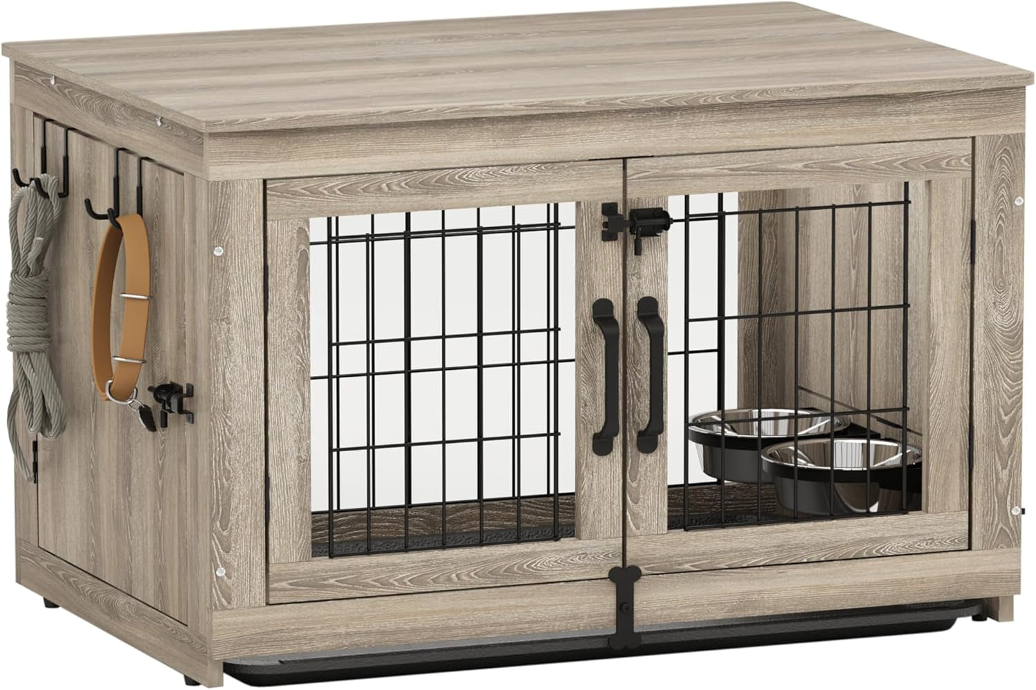 Wooden Dog Crate Furniture with 360°Rotatable Removable Dog Bowls, Dog Crate End Table with Tray, Double Doors Dog Kennels for Dogs(M:31.8" L*22.1" W*24.1" H, Gray)