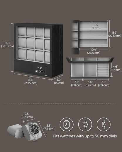 12-Slot Watch Box, Watch Display Case with Window, Solid Wood Veneer, Velvet Lining, Vertical Storage, Space Saving, Gift Idea, Ebony Black UJOW014B01