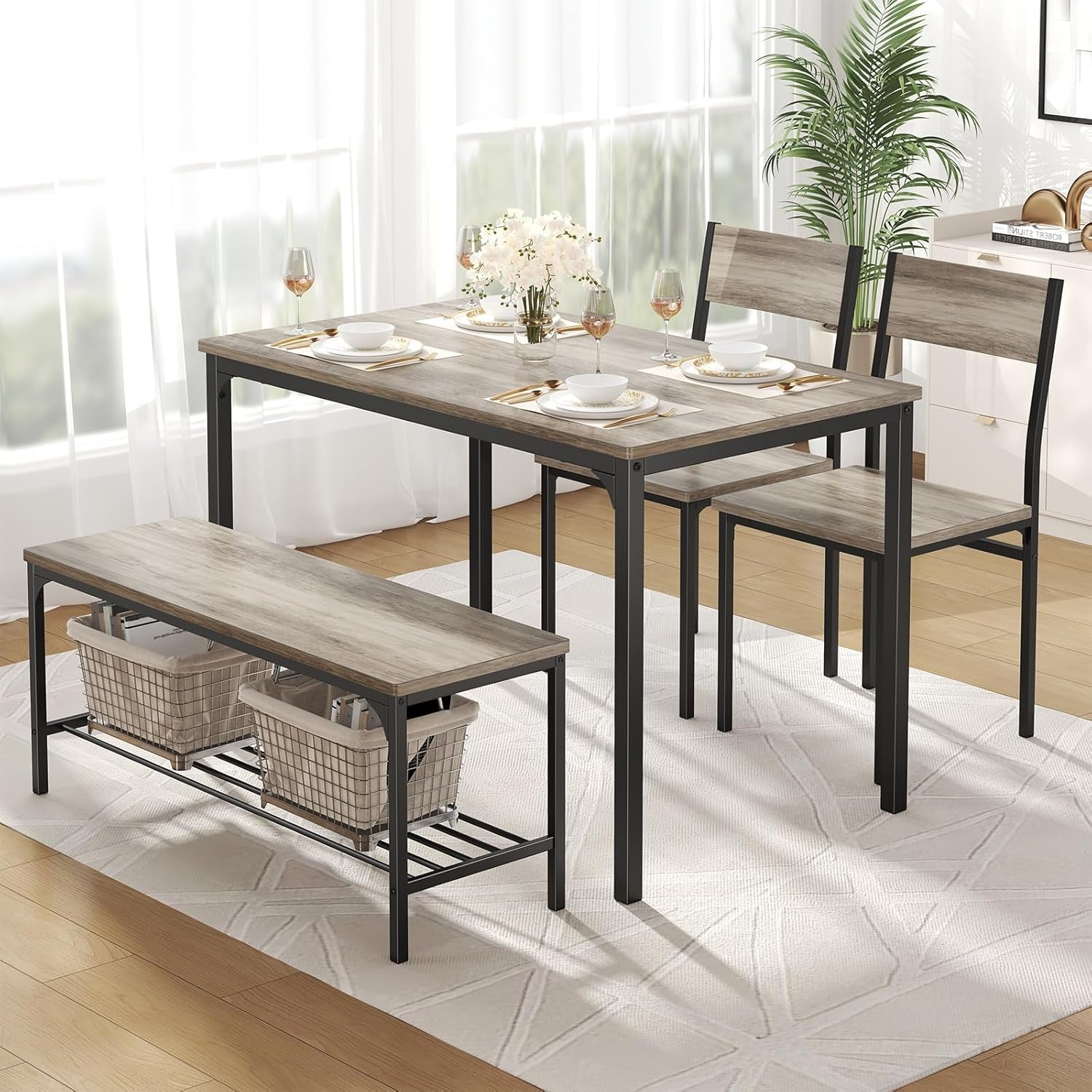 Dining Table Set, Dining Table for 4 with Bench, Kitchen Table, Space-Saving Ideal 4-Person Set for Dining Room Kitchen Apartment Corner Grey 4 Pack