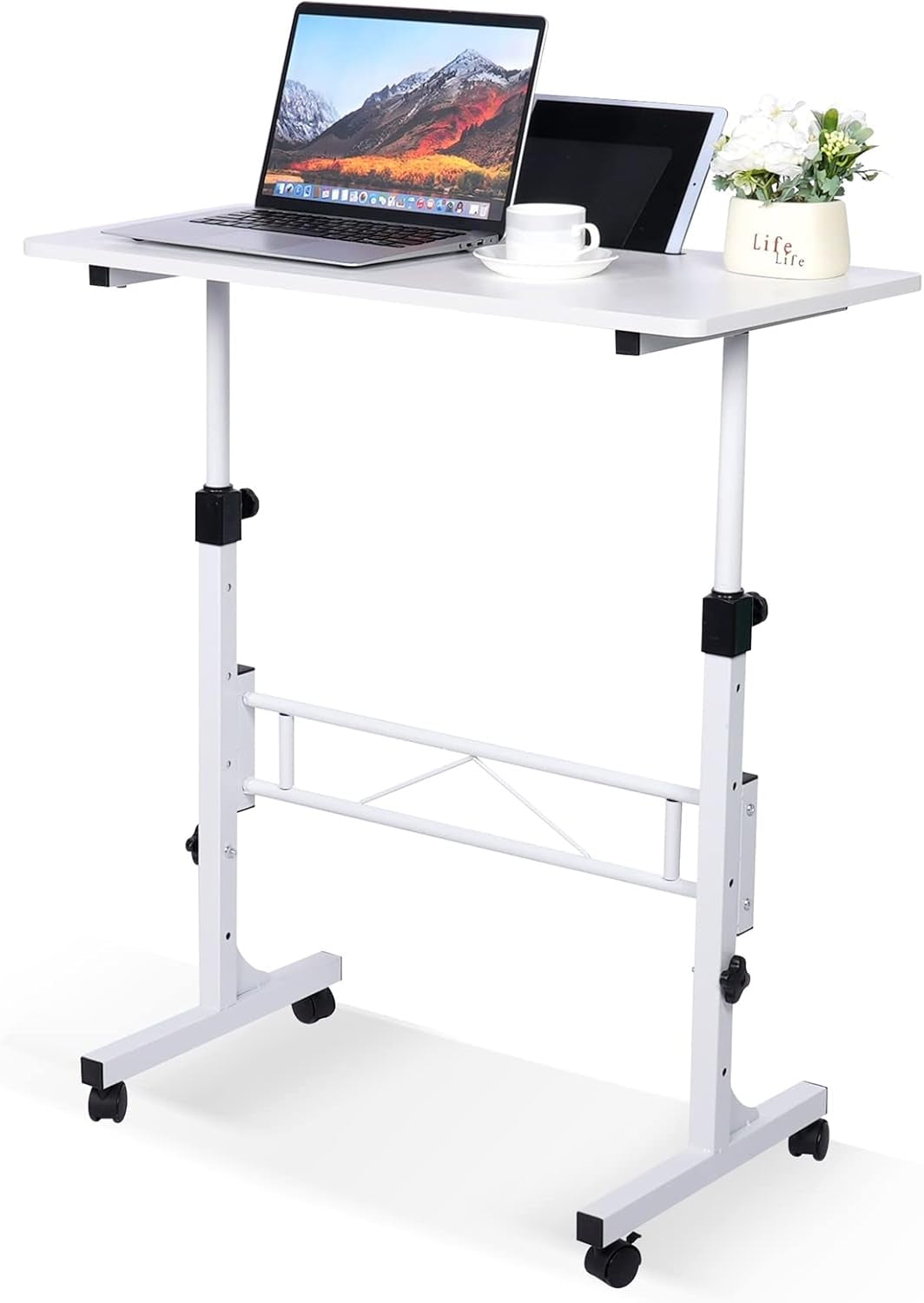Standing Desk Adjustable Height, Mobile Stand up Desk with Wheels Small Computer Desk Rolling Desk, Portable Laptop Desk White Standing Table Home Office Desks 16"X31.5" Height 27"-43.5"